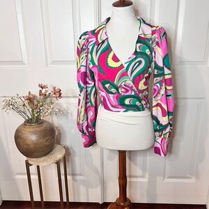 Beauty and Honey Womens Paisley Colorful Faux Wrap Top Sz S Dopamine 70s Retro